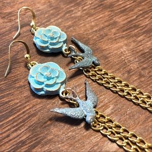 Handmade goldtone long shoulder duster verdigris floral bird dangle earrings